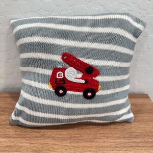 Melange Knit Embroidered Firetruck Pillow Decorative Grey White Striped Small